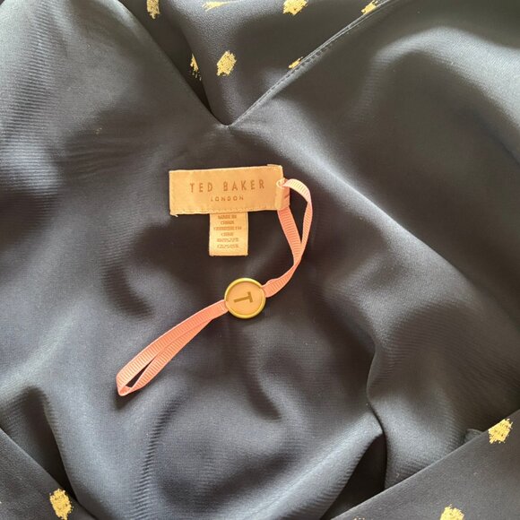 Ted Baker Printaa Blue & Metallic Gold Dot V-Neck High-Low Dress - Size 4 - NWOT - Picture 4 of 6